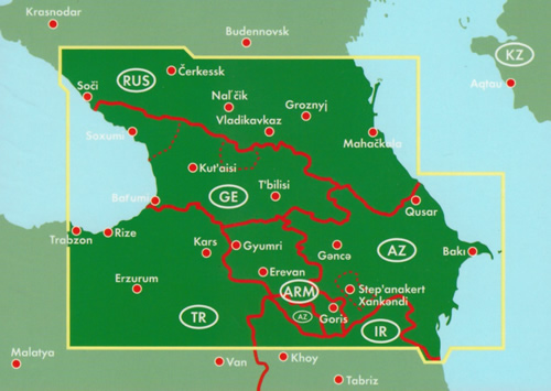 immagine di mappa stradale mappa stradale Caucaso / Kaukasus - con Armenia, Azerbaigian/Azerbaijan, Georgia, Cecenia, Dagestan, Inguscezia, Cabardino-Balcaria, Ossezia del Nord, Karačaj-Circassia - edizione 2022