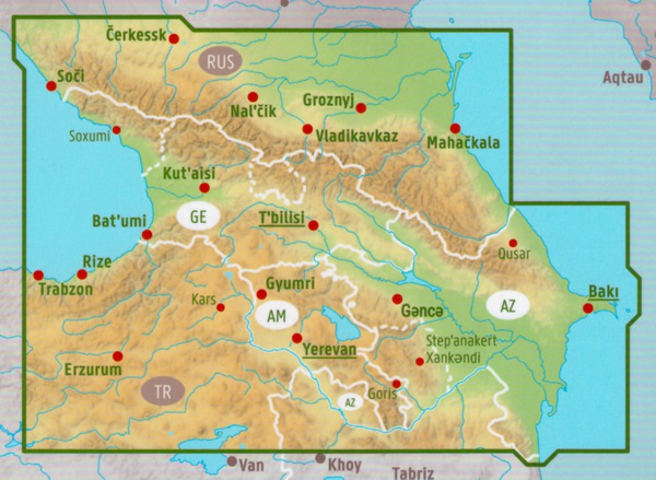 immagine di mappa stradale mappa stradale Caucaso / Kaukasus - con Armenia, Azerbaigian/Azerbaijan, Georgia, Cecenia, Dagestan, Inguscezia, Cabardino-Balcaria, Ossezia del Nord, Karačaj-Circassia - EDIZIONE 2025