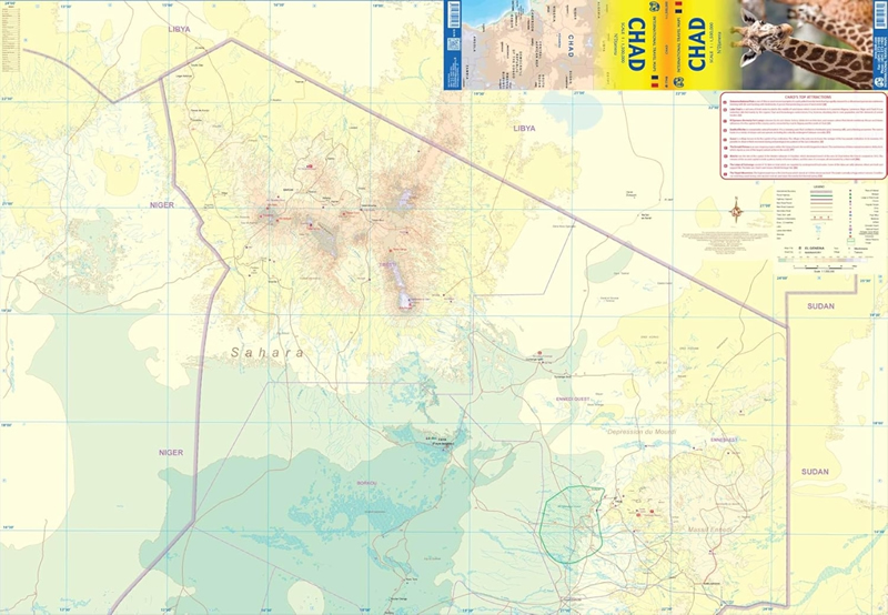 immagine di mappa stradale mappa stradale Chad / Ciad - con N'Djamena, Moundou, Bongor, Biltine, Kélo, Abéché, Sarh, Doba, Aozou, Ati, Faya Largeau, Mao, Mongo, Pala, Léré - mappa stradale con distanze chilometriche, piste, parchi e riserve naturali - EDIZIONE 2025
