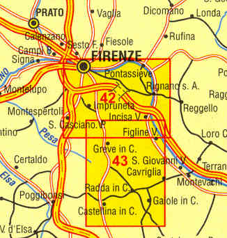 immagine di mappa topografica mappa topografica n.42/43 - Chianti Fiorentino e Senese, Valdarno, Pontassieve, Rignano, Figline, Incisa, Radda in Chianti, Castellina, Impruneta, S. Casciano