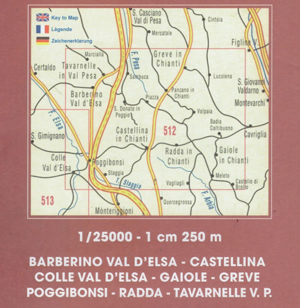immagine di mappa topografica mappa topografica Chianti - mappa escursionistica n.512 - con sentieri CAI - Val di Pesa, Val d' Elsa, Greve, Radda, Tavarnelle, Gaiole, Poggibonsi - edizione 2025