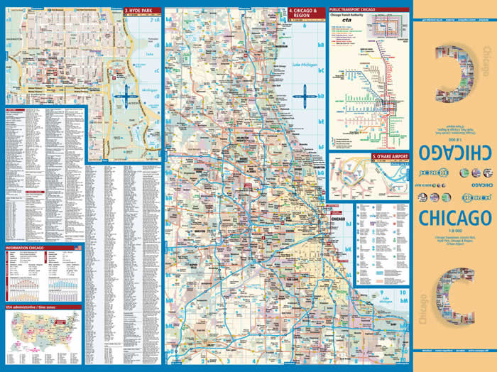 immagine di mappa di città mappa di città Chicago - con Chicago Downtown, Lincoln Park, Hyde Park, O'Hare Airport e dintorni di Chicago - mappa della città plastificata, impermeabile, scrivibile e anti-strappo - dettagliata e facile da leggere, con trasporti pubblici, attrazioni e luoghi di interesse - nuova edizione