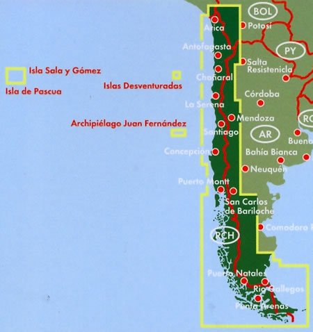 immagine di mappa stradale mappa stradale Cile / Chile - con Santiago de Chile, Concepción, Viña del Mar, Antofagasta, Valparaíso, Temuco, Talcahuano, Rancagua, Talca, Arica, Chillán, Iquique, Puerto Montt, Coquimbo - edizione 2022
