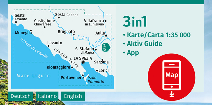 immagine di mappa topografica mappa topografica n.2450 - Cinque Terre - Sestri Levante, Moneglia, Deiva Marina, Bonassola, Levanto, Monterosso, Vernazza, Riomaggiore, Portovenere, La Spezia, Sarzana, Lerici, Ameglia, Palmaria, Carro, Sesta Godano, Brugnato, Aulla, Villafranca in Lunigiana, Rocchetta, Calice, S. Stefano di Magra - mappa plastificata, compatibile con GPS - EDIZIONE Settembre 2023