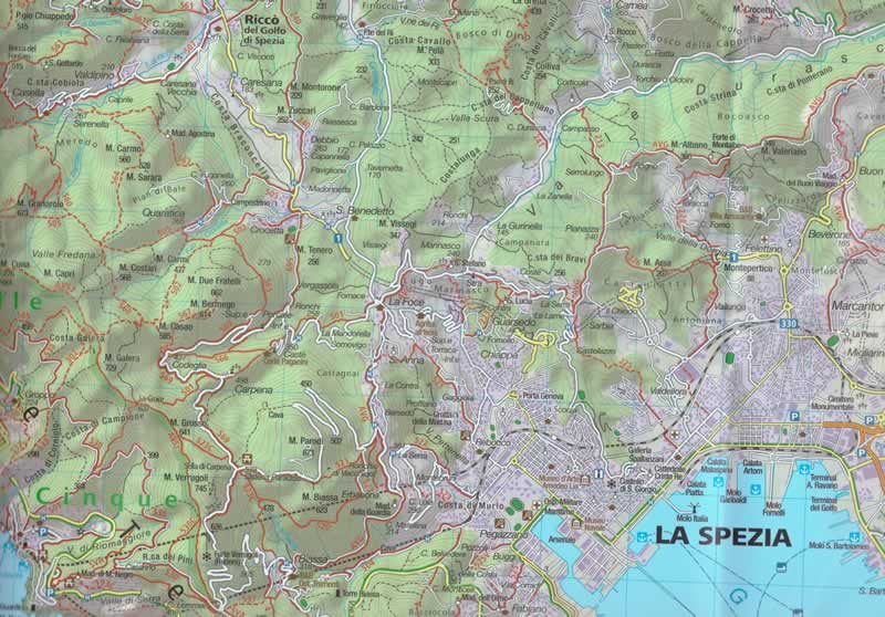 immagine di mappa topografica mappa topografica Cinque Terre - Sestri Levante, Moneglia, Deiva Marina, Bonassola, Levanto, Monterosso, Vernazza, Riomaggiore, Portovenere, La Spezia, Sarzana, Lerici, Ameglia, Palmaria, Carro, Sesta Godano, Brugnato, Aulla, Villafranca in Lunigiana, Rocchetta, Calice, S. Stefano di Magra - mappa escursionistica Kompass n.2450 - mappa plastificata, compatibile con GPS - nuova edizione