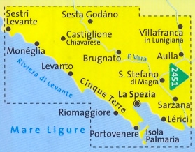 immagine di mappa topografica mappa topografica n.2450 - Cinque Terre - Sestri Levante, Moneglia, Deiva Marina, Bonassola, Levanto, Monterosso, Vernazza, Riomaggiore, Portovenere, La Spezia, Sarzana, Lerici, Ameglia, Palmaria, Carro, Sesta Godano, Brugnato, Aulla, Villafranca in Lunigiana, Rocchetta, Calice, S. Stefano di Magra - mappa plastificata, compatibile con GPS