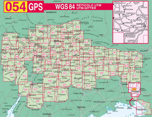 immagine di mappa topografica mappa topografica n.054 - Collio, Gorizia, Brda - Korada, Deskle, Prepotto, Dolegna, Corno di Rosazzo, Venco, M. Sabotino, S. Floriano, Gorizia, Mossa, Cormons, Mariano, Medea, Gradisca d'Isonzo - con reticolo UTM compatibile con sistemi GPS - edizione 2018
