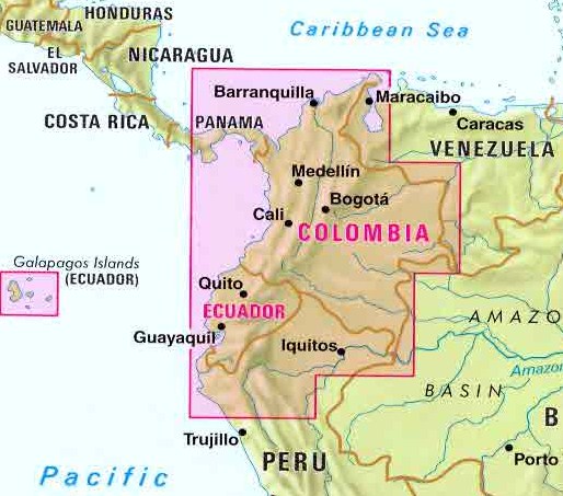immagine di mappa stradale mappa stradale Colombia, Ecuador e isole Galapagos