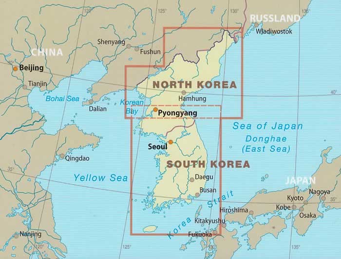 immagine di mappa stradale mappa stradale Corea Nord e Sud / North and South Korea - con PyongYang, Seoul, Jeju Island - mappa impermeabile e antistrappo