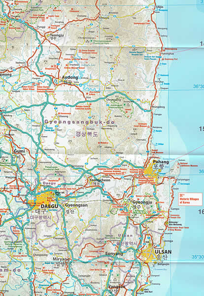 immagine di mappa stradale mappa stradale Corea Nord e Sud / North and South Korea - con PyongYang, Seoul, Jeju Island - mappa impermeabile e antistrappo