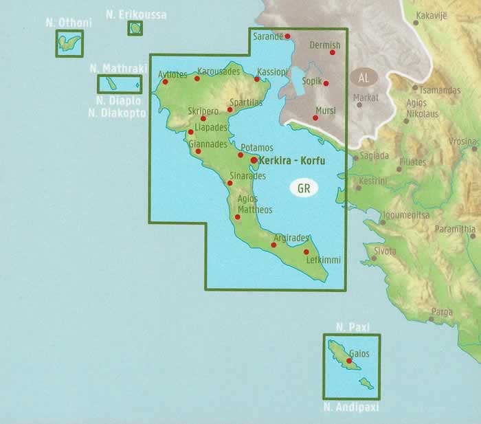immagine di mappa stradale mappa stradale Corfù e isole minori di Fanò/Othoni, Erikoussa, Mathraki, Diaplo, Diakopto, Paxi, Andipaxi - con le località di Agios Georgios, Achilleio, Ereikoussa, Esperion, Faiakes, Fanò (Othonoi), Kassopaia, Korissia, Lefkimmi, Mathraki, Meliteieis, Palaiokastritsa, Parelioi, Thinali - mappa escursionistica con strade, sentieri, spiagge e luoghi panoramici