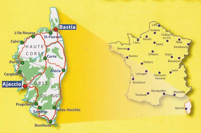 immagine di mappa stradale mappa stradale Corsica - con Ajaccio, Bastia, Calvi, Bonifacio, Corte, Sartène - carta stradale - n.345 Michelin - con spiagge, itinerari e luoghi panoramici