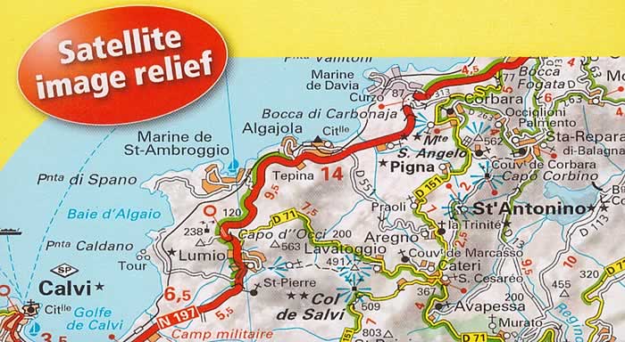 immagine di mappa stradale mappa stradale Corsica - con Ajaccio, Bastia, Calvi, Bonifacio, Corte, Sartène - carta stradale - n.345 Michelin - con spiagge, itinerari e luoghi panoramici