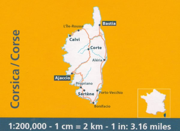 immagine di mappa stradale mappa stradale Corsica - con Ajaccio, Bastia, Calvi, Bonifacio, Corte, Sartène - mappa stradale Michelin n.528 - con spiagge, itinerari e luoghi panoramici - nuova edizione