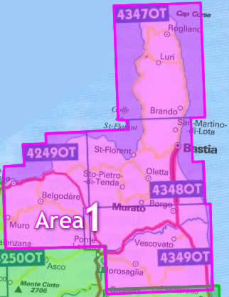 immagine di mappa topografica mappa topografica Corsica del Nord - Area n.1 - con Bastia, Cap Corse, Murato, Vescovato - 4 mappe topografiche con reticolo UTM per GPS
