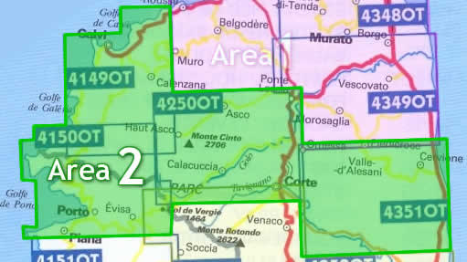 immagine di mappa topografica mappa topografica Corsica Centro Nord - Area n.2 - con Calvi, Porto, Corte, Monte Cinto, Cervione - 4 mappe topografiche con reticolo UTM per GPS