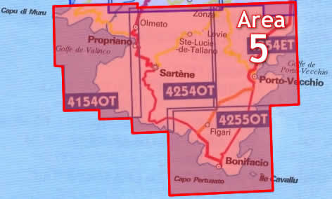 immagine di mappa topografica mappa topografica Corsica del Sud - Area n.5 - con Propriano, Sartene, Porto Vecchio, Bonifacio - 4 mappe topografiche con reticolo UTM per GPS