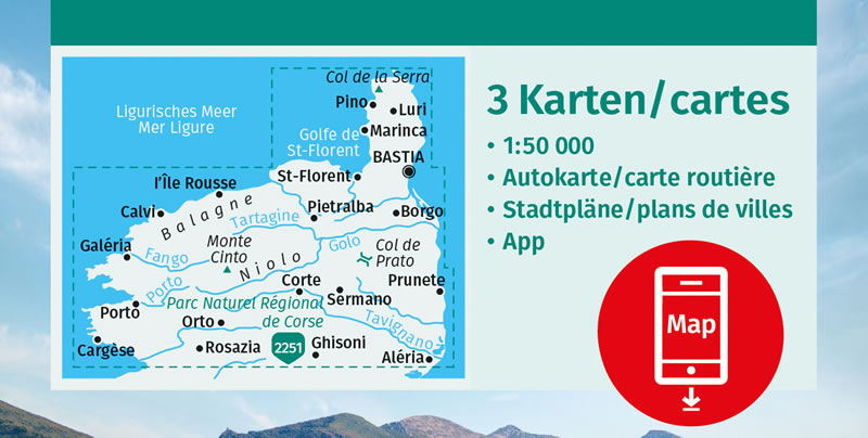 immagine di mappa topografica mappa topografica Corsica del Nord - set di 3 mappe escursionistiche con sentieri e GR20 per il trekking e MTB - Kompass n.2250 - mappe compatibili con GPS - EDIZIONE 2024