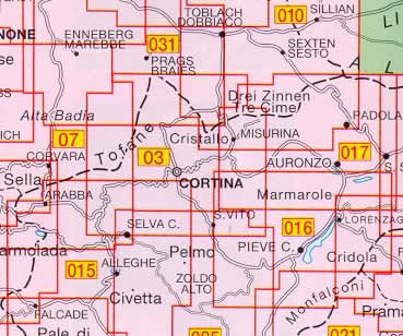 immagine di mappa topografica mappa topografica n.03 - Cortina d' Ampezzo e Dolomiti Ampezzane - con reticolo UTM compatibile con GPS - nuova edizione