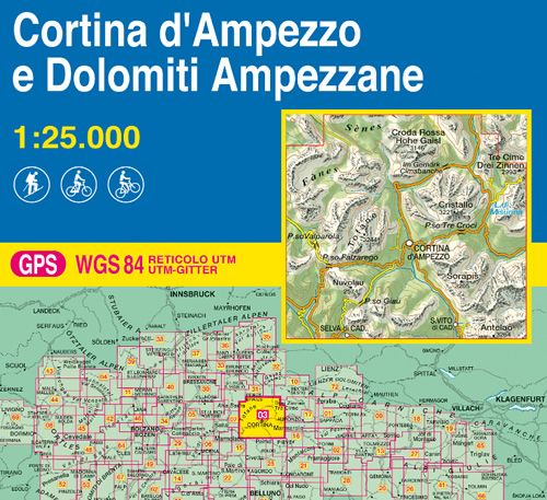 immagine di mappa topografica mappa topografica n.003 - Cortina d' Ampezzo e Dolomiti Ampezzane - con Fanes, Senes, Croda Rossa, Tofane, Passo Falzarego, Passo Valparola, Nuvolau, Selva di Cadore, Passo Giau, S. Vito di Cadore, Sorapis, Cortina d'Ampezzo, Passo Tre Croci, Cristallo, Lago di Misurina, Tre Cime - con reticolo UTM compatibile con GPS - nuova edizione