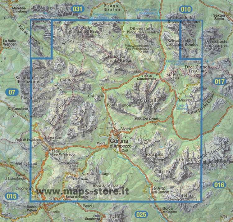 immagine di mappa topografica mappa topografica n.003 - Cortina d' Ampezzo e Dolomiti Ampezzane - con Fanes, Senes, Croda Rossa, Tofane, Passo Falzarego, Passo Valparola, Nuvolau, Selva di Cadore, Passo Giau, S. Vito di Cadore, Sorapis, Passo Tre Croci, Monte Cristallo, Lago di Misurina, Tre Cime, Passo Cimabanche, Lagazuoi, Croda del Beco, Picco di Vallandro, Faloria, Gruppo delle Marmarole - con reticolo UTM compatibile con GPS - impermeabile, antistrappo, plastic-free, eco-friendly - EDIZIONE 2022