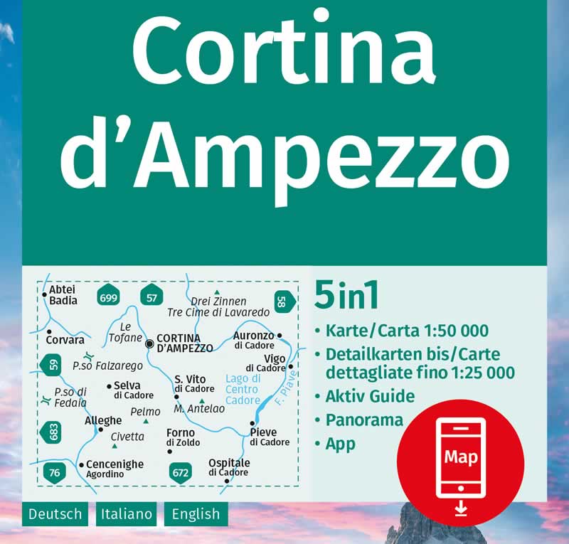 immagine di mappa topografica mappa topografica Cortina d' Ampezzo, Selva di Cadore, Corvara, Badia, Monte Civetta e Pelmo, Pieve di Cadore, Tre Cime di Lavaredo - mappa Kompass n.55 - mappa escursionistica, plastificata, impermeabile e anti-strappo + mappa panoramica - compatibile con GPS