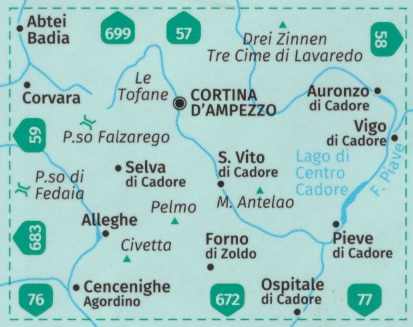 immagine di mappa topografica mappa topografica n.55 - Cortina d' Ampezzo, Selva di Cadore, Corvara, Badia, Monte Civetta e Pelmo, Pieve di Cadore, Tre Cime di Lavaredo - mappa plastificata, impermeabile e anti-strappo + mappa panoramica - con reticolo UTM per sistemi GPS - edizione 2021