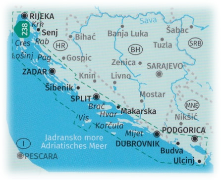 immagine di mappa topografica mappa topografica Costa della Croazia e Dalmazia - Rijeka, Krk, Cres, Rab, Senj, Pag Nin, Zadar, Sibenik, Split, Brac, Hvar, Vis, Luka, Dubrovnik, Podgorica, Ulcinj - Set di 3 mappe escursionistiche compatibili con GPS - Kompass n.2900 - con spiagge e luoghi panoramici - edizione 2023