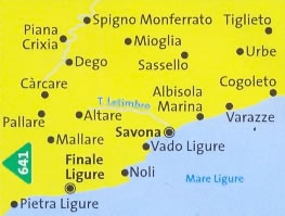 immagine di mappa topografica mappa topografica n.642 - Costa Ligure, Varazze, Albisola Marina, Savona, Vado Ligure, Noli, Finale Ligure, Pietra Ligure, Carcare, Spigno Monferrato, Cogoleto - con sentieri CAI, percorsi MTB, spiagge, luoghi panoramici, parchi naturali - nuova edizione