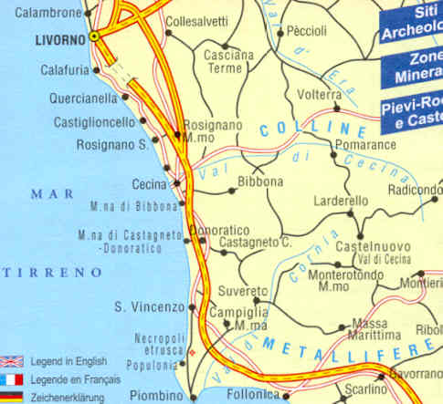 immagine di mappa topografica mappa topografica Costa Livornese - Colline metallifere - con Val d' Era, Val di Cecina, Parchi della Val di Cornia