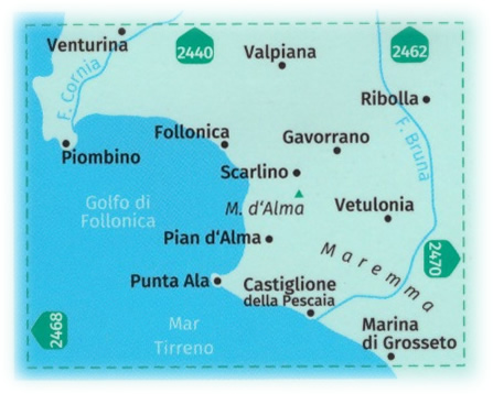 immagine di mappa topografica mappa topografica n.2469 - Costa della Maremma - con Piombino, Follonica, Castiglione della Pescaia, Gavorrano, Vetulonia, Punta Ala, Marina di Grosseto, Ribolla, Valpiana, Venturina - mappa plastificata, compatibile con sistemi GPS - edizione 2022