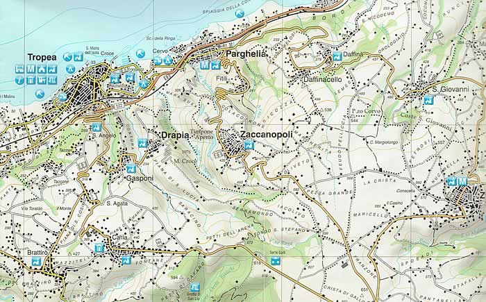 immagine di mappa topografica mappa topografica Costa degli Dei e Promontorio del Poro - con Vibo Valentia, Tropea, Pizzo, Nicotera, Mileto - mappa escursionistica con spiagge, grotte, castelli, luoghi panoramici - nuova edizione