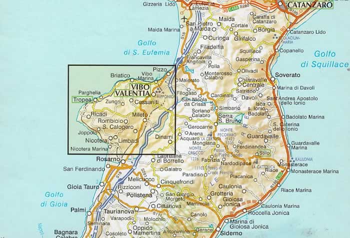 immagine di mappa topografica mappa topografica Costa degli Dei e Promontorio del Poro - con Vibo Valentia, Tropea, Pizzo, Nicotera, Mileto - mappa escursionistica con spiagge, grotte, castelli, luoghi panoramici - nuova edizione