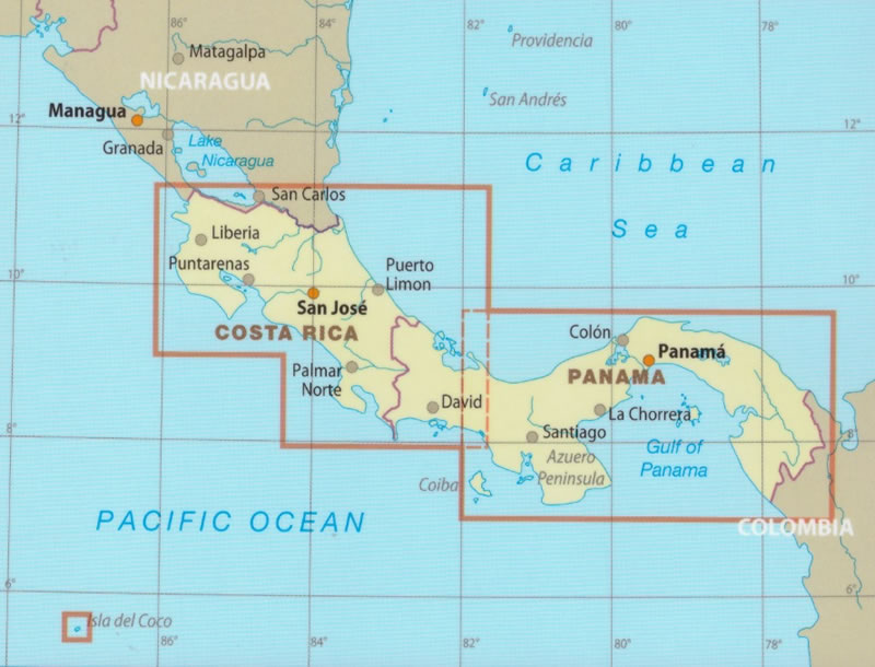immagine di mappa stradale mappa stradale Costa Rica, Panama - con spiagge, percorsi panoramici, parchi e riserve naturali - con San José, Siquirres, Palmar Norte, David, Santiago, Colon, Las Tablas, Panama, Puntarenas - mappa escursionistica e stradale, impermeabile e antistrappo - nuova edizione