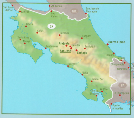 immagine di mappa stradale mappa stradale Costa Rica - San José, Puerto Limón, Heredia, Alajuela, Liberia, Paraíso, Puntarenas, Curridabat, Mercedes, Cartago, Chacarita, Guadalupe, Patarrá, El Tejar, Conceptión - con spiagge, luoghi panoramici, parchi e riserve naturali - nuova edizione