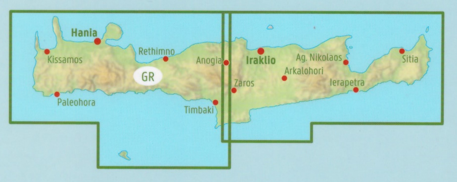 immagine di mappa stradale mappa stradale Creta / Kreta - con Agios Nikolaos, Agios Vasileios, Amari, Anogeia, Apokoronas, Archanes-Asterousia, Candia, Chersonissos, Festo, Gavdos, Gortina, Ierapetra, Kantanos-Selino, Kissamos, La Canea, Malevizi, Minoa Pediada, Mylopotamos, Oropedio Lasithiou, Platanias, Retimo, Sfakia, Sitia, Viannos - nuova edizione