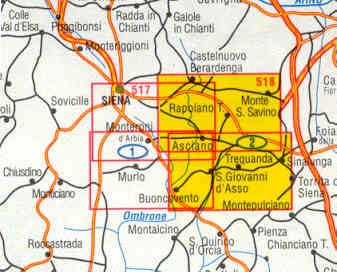 immagine di mappa topografica mappa topografica n.518 - Crete Senesi - con Sinalunga, Monte S. Savino, S. Giovanni d'Asso, Asciano, Buonconvento, Rapolano Terme, Trequanda