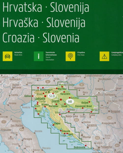 immagine di atlante stradale atlante stradale Croazia, Slovenia - atlante stradale a spirale - con percorsi panoramici, campeggi, parchi e riserve naturali, mappe di città - EDIZIONE Maggio 2023