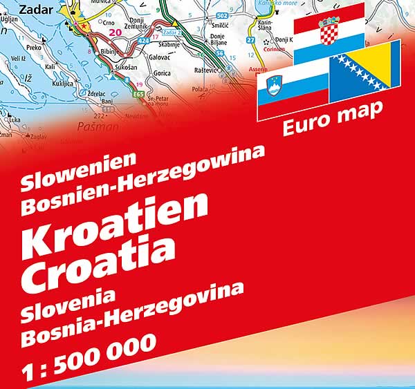 immagine di mappa stradale mappa stradale Croazia, Slovenia, Bosnia, Erzegovina/Herzegovina - con Zagabria (Zagreb), Spalato (Split), Fiume (Rijeka), Osijek, Zara (Zadar), Slavonski Brod, Velika Gorica, Karlovac, Pola (Pula) - EDIZIONE 2025