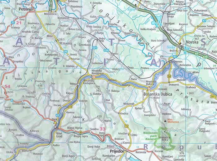 immagine di mappa stradale mappa stradale Croazia, Slovenia, Bosnia, Erzegovina/Herzegovina - con Zagabria (Zagreb), Spalato (Split), Fiume (Rijeka), Osijek, Zara (Zadar), Slavonski Brod, Velika Gorica, Karlovac, Pola (Pula) - EDIZIONE 2025