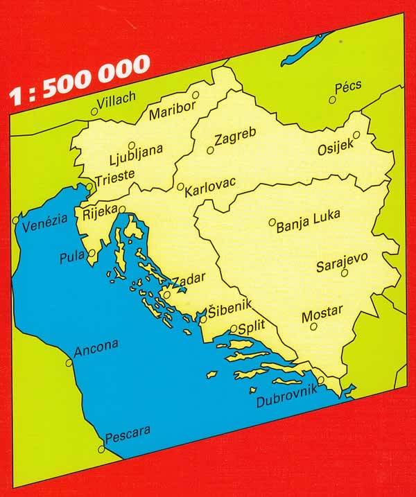 immagine di mappa stradale mappa stradale Croazia, Slovenia, Bosnia, Erzegovina/Herzegovina - con Zagabria (Zagreb), Spalato (Split), Fiume (Rijeka), Osijek, Zara (Zadar), Slavonski Brod, Velika Gorica, Karlovac, Pola (Pula) - EDIZIONE Maggio 2023