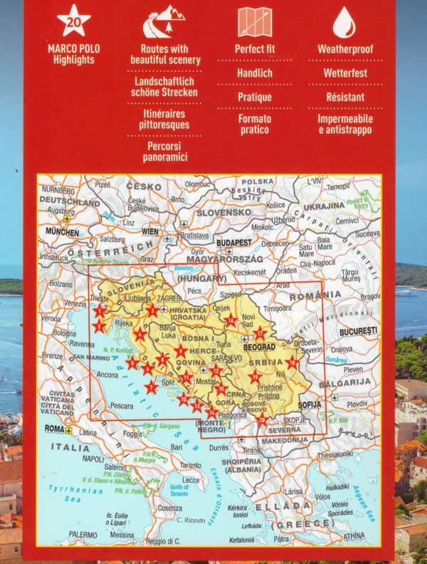 immagine di mappa stradale mappa stradale Croazia, Slovenia, Serbia, Bosnia-Erzegovina - con Lubiana, Maribor, Kranj, Zagabria (Zagreb), Spalato (Split), Fiume (Rijeka), Osijek, Zara (Zadar), Slavonski Brod, Velika Gorica, Karlovac, Pola (Pula), Sarajevo, Mostar, Banja Luka - mappa stradale impermeabile - con spiagge, strade e luoghi panoramici - EDIZIONE 2025