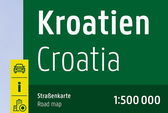 immagine di mappa stradale mappa stradale Croazia - con Zagabria (Zagreb), Spalato (Split), Fiume (Rijeka), Osijek, Zara (Zadar), Slavonski Brod, Velika Gorica, Karlovac, Pola (Pula) + isole della Dalmazia in dettaglio - edizione 2023