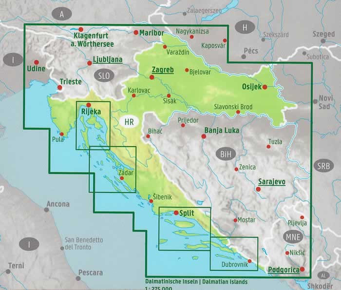 immagine di mappa stradale mappa stradale Croazia - con Zagabria (Zagreb), Spalato (Split), Fiume (Rijeka), Osijek, Zara (Zadar), Slavonski Brod, Velika Gorica, Karlovac, Pola (Pula) + isole della Dalmazia in dettaglio - edizione 2023