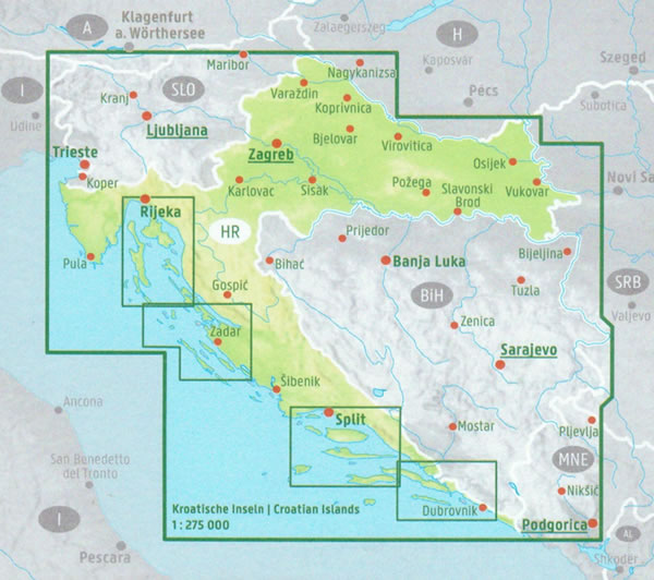 immagine di mappa stradale mappa stradale Croazia - con Zagabria (Zagreb), Spalato (Split), Fiume (Rijeka), Osijek, Zara (Zadar), Slavonski Brod, Velika Gorica, Karlovac, Pola (Pula) + isole della Dalmazia in dettaglio - EDIZIONE 2026