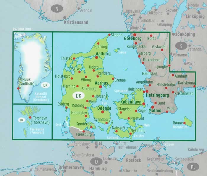 immagine di mappa stradale mappa stradale Danimarca - con Copenaghen, Groenlandia, Isole Faeroes, Odense, Arhus, Esbjerg, Aalborg, Nuuk, Torshavn - EDIZIONE Luglio 2023