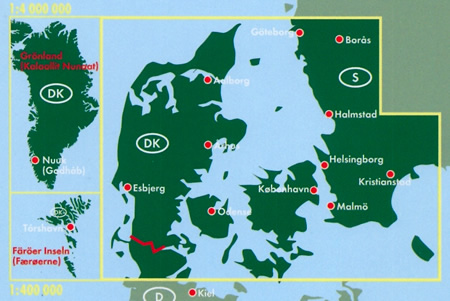 immagine di mappa stradale mappa stradale Danimarca - con Copenaghen, Groenlandia, Isole Faeroes, Odense, Arhus, Esbjerg, Aalborg, Nuuk, Torshavn - nuova edizione