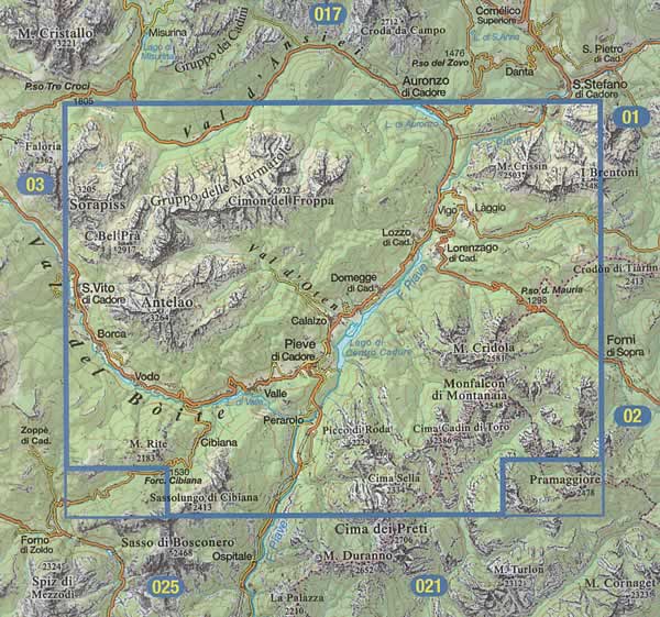 immagine di mappa topografica mappa topografica n.016 - Dolomiti del Centro Cadore - con Antelao, Marmarole, Sorapis, Vodo, Calalzo, Pieve, Perarolo, Lozzo, Lorenzago, Vigo, Cridola, Monfalconi - con reticolo UTM compatibile con GPS - impermeabile, antistrappo, plastic-free, eco-friendly - nuova edizione