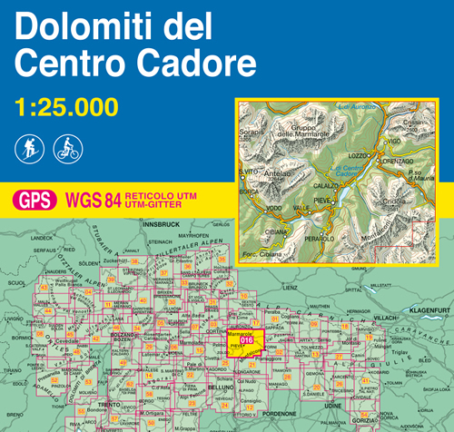 immagine di mappa topografica mappa topografica n.016 - Dolomiti del Centro Cadore - con Antelao, Marmarole, Sorapis, Vodo, Calalzo, Pieve, Perarolo, Lozzo, Lorenzago, Vigo, Cridola, Monfalconi - con reticolo UTM compatibile con GPS - edizione 2019