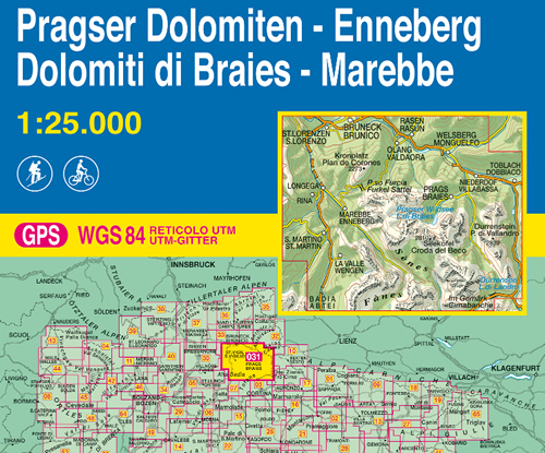 immagine di mappa topografica mappa topografica n.031 - Dolomiti di Braies, Marebbe / Pragser Dolomiten, Enneberg - Brunico, S. Lorenzo, Rasen, Valdaora, Passo Furcia, Braies, Villabassa, Monguelfo, Enneberg, La Valle, St. Martin, Croda del Beco, Senes, Fanes, P. di Vallandro, Dobbiaco, Badia - con reticolo UTM compatibile con sistemi GPS - nuova edizione